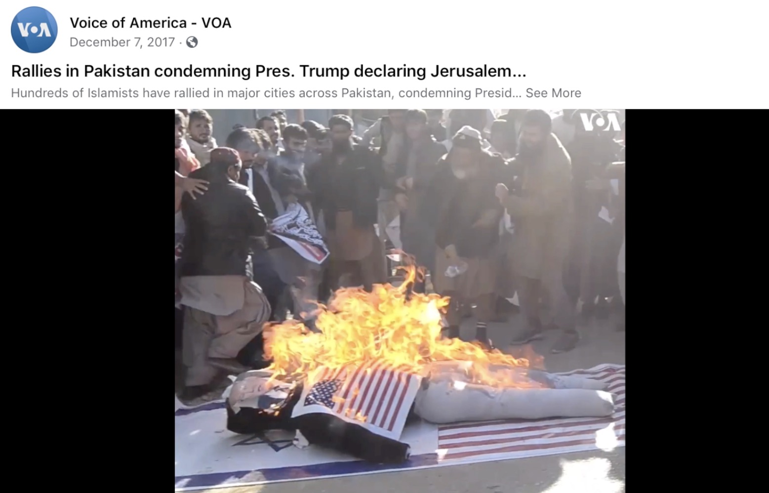 Voice of America (VOA) Facebook raw footage video showing the burning of U.S. and Israeli flags in December 2017 without context, balance, or commentary in the video.