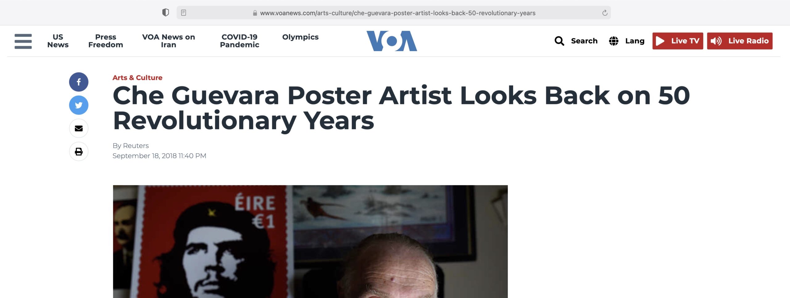 Voice of America VOA News Website report September 18, 2018 "Che Guevara Poster Artist Looks Back on 50 Revolutionary Years" by Reuters originally posted as a VOA News report Screen Shot 2021-07-29 at 6:01:36 PM.