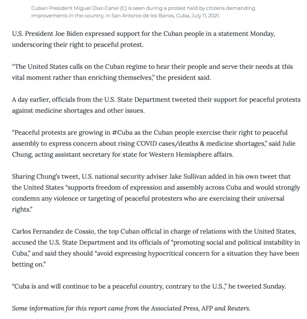 Voice of America VOA News report updated July 12, 2021 "Rare Protests Hit Cuba Amid Economic, Coronavirus Crises" Screen Shot 2021-07-29 at 6:23:35 PM. Report cont.