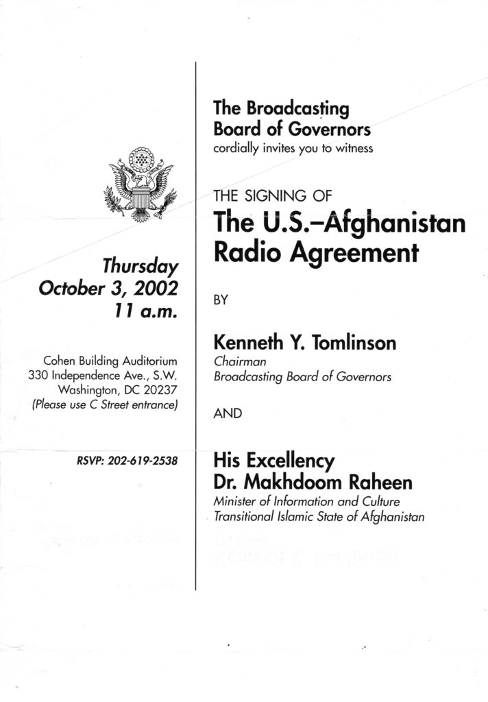 The announcement for the signing of the US-Afghanistan Radio Agreement on October 3, 2002.