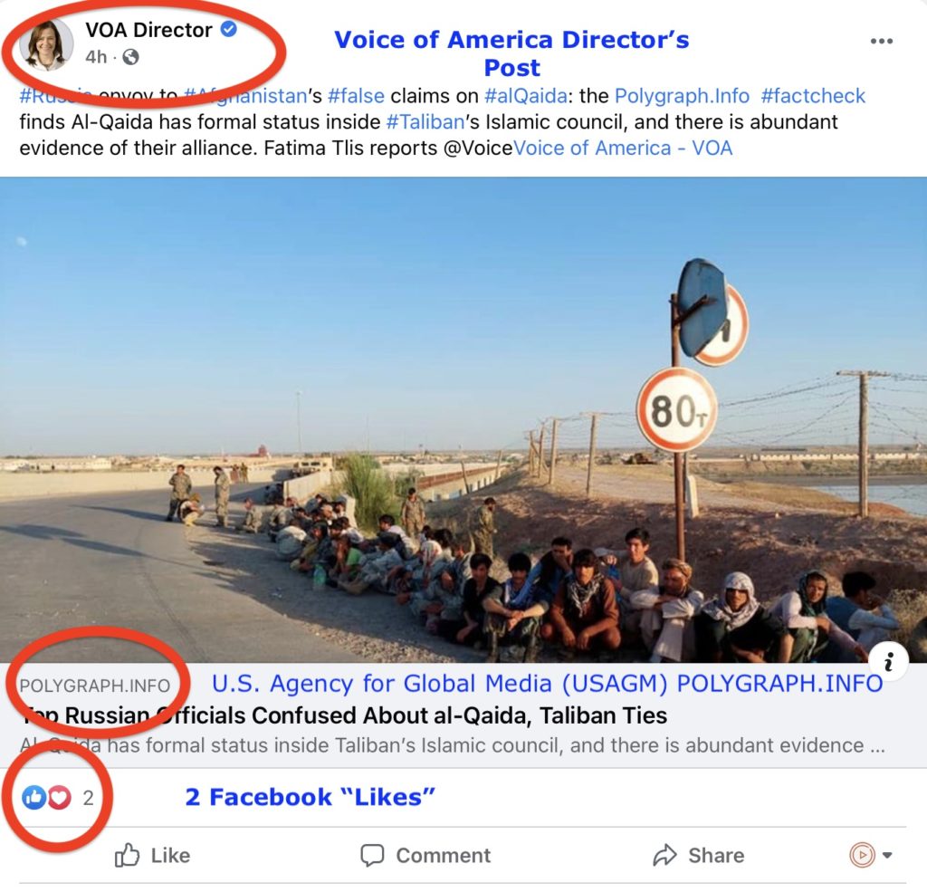 Voice of America (VOA) Director Yolanda Lopez's Facebook post promoting  Plogygraph.Info post about Afghanistan and Russia – Screen Shot 2021-08-11 at 5.36.35 PM. Two days after being posted, the VOA Director's post shows three (3) "Likes" on August 13, 2021.