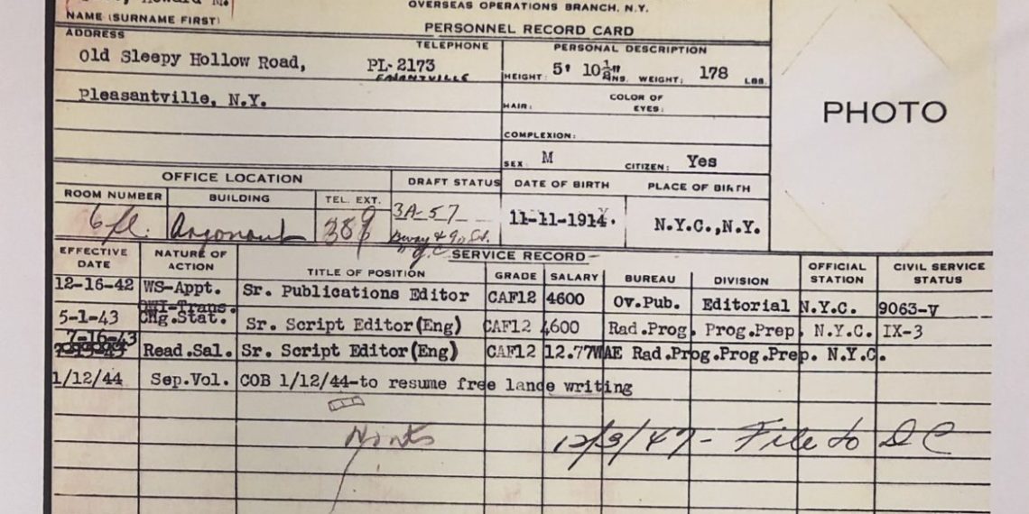 Howard Fast OWI Personnel Card Voice of America at 80