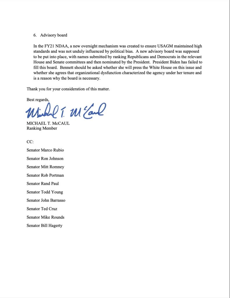 Rep. Michael McCaul Calls for Additional Scrutiny of USAGM CEO Nominee Amanda Bennett.