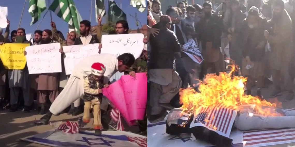 Screenshot from two of several lengthy raw footage videos posted on social media by the Voice of America (VOA), with the VOA logo, showing the burning of U.S. and Israeli flags in December 2017 without any attached balancing content, explanation of U.S. policy, or commentary.