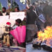 Screenshot from two of several lengthy raw footage videos posted on social media by the Voice of America (VOA), with the VOA logo, showing the burning of U.S. and Israeli flags in December 2017 without any attached balancing content, explanation of U.S. policy, or commentary.