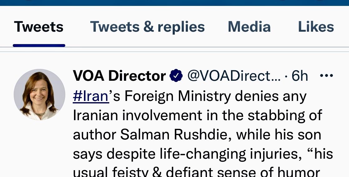 Voice of America Acting Director Yolanda Lopez Tweet Iran Denies Link to Rushdie Stabbing August 17 2022.