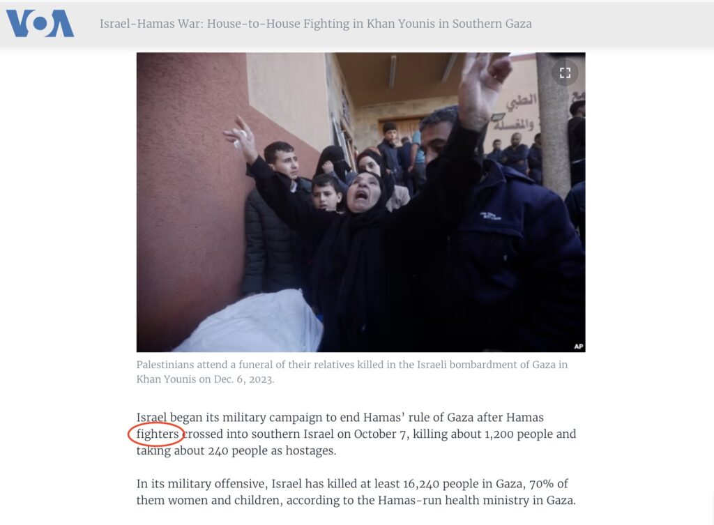 Voice of America keeps calling Hamas terrorists "fighters." Screenshot of a VOA News report, December 6, 2023.